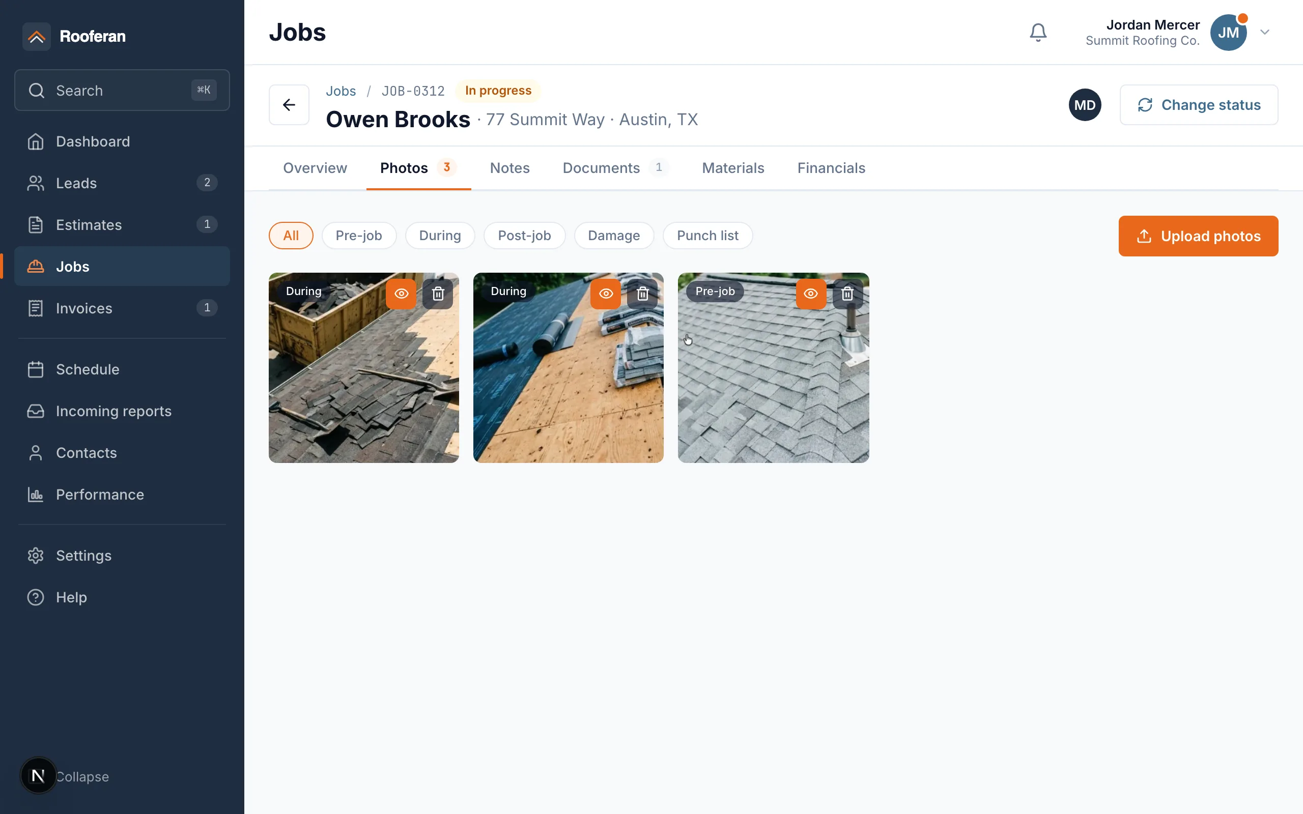 Job photos tagged by phase — pre-job and during shots on the job record