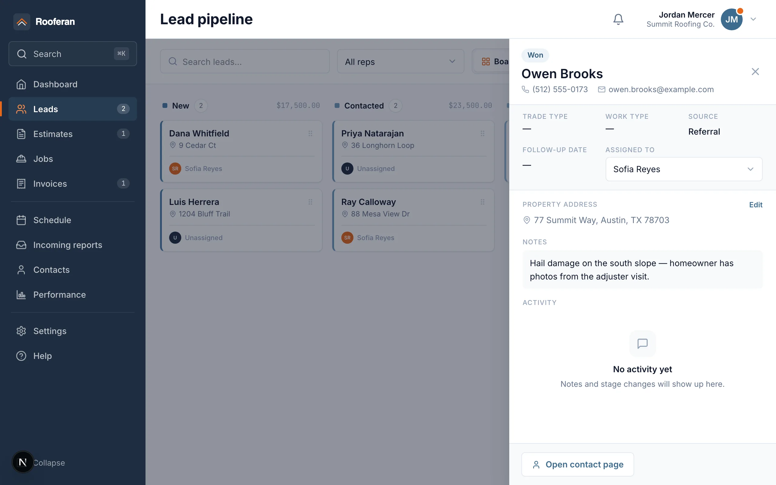 A lead opened over the pipeline board — homeowner, property, source, and activity timeline